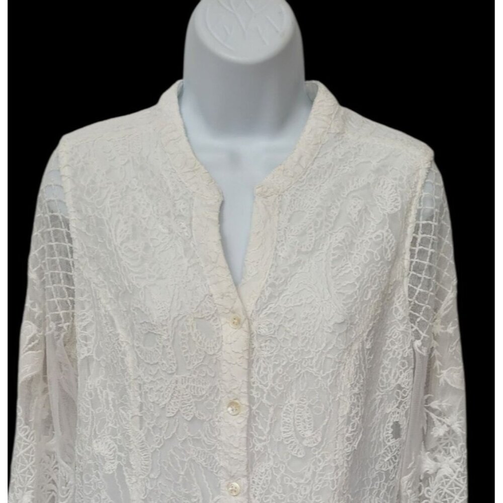 Soft Surroundings Blouse Women’s M White Long Sleeve Lace Overlay Button Front